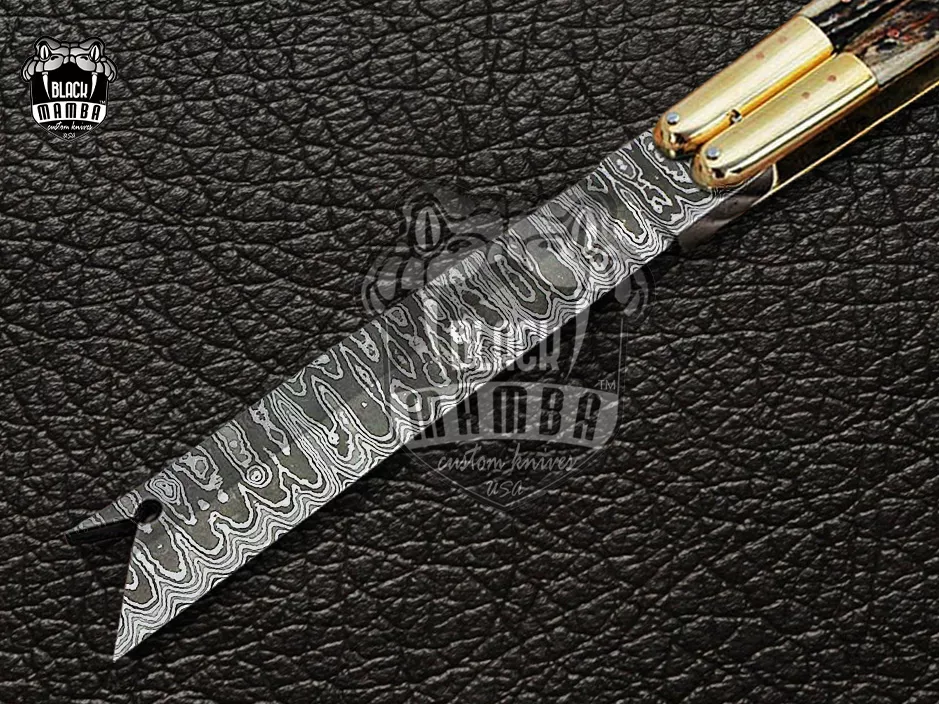 Damascus Filipino Balisong Butterfly Knife – Stag, Brass Handle | DB-21 - view 4