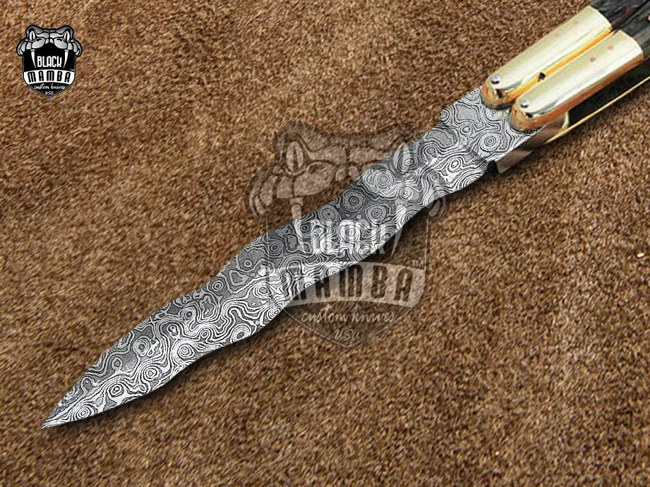 Damascus Filipino Balisong Butterfly Knife – Stag, Brass Handle, Raindrop Pattern Handmade | DB-22 - view 3