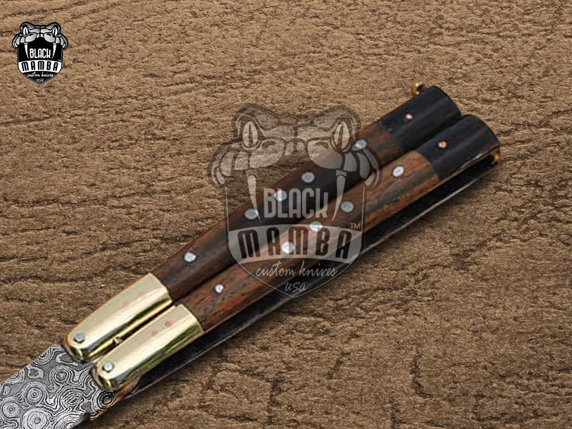 Damascus Balisong Butterfly Knife – Rose Wood, Brass Handle | DB-25 - view 4
