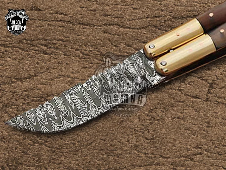 Damascus Balisong Butterfly Knife – Ram Horn, Brass Handle, 6.2″ Overall | DB-26 - view 4