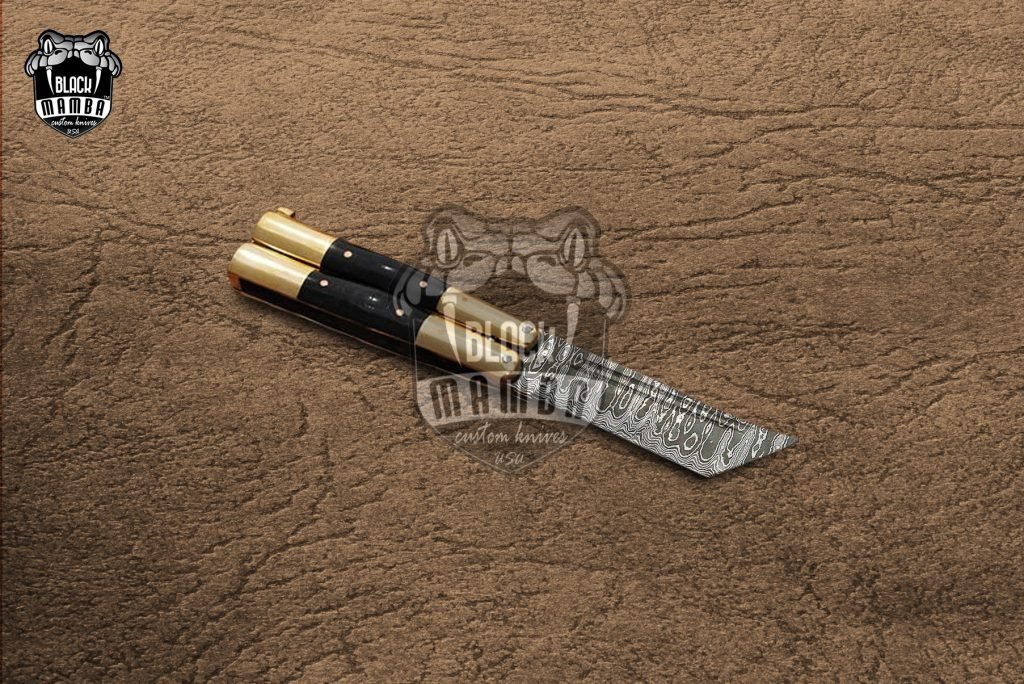 DB-27 Damascus Balisong Butterfly Knife with Beautiful Brass and Bull Horn Handle Handmade Original Traditional Filipino Butterfly Batanga Knife black mamba knives USA - Image 2