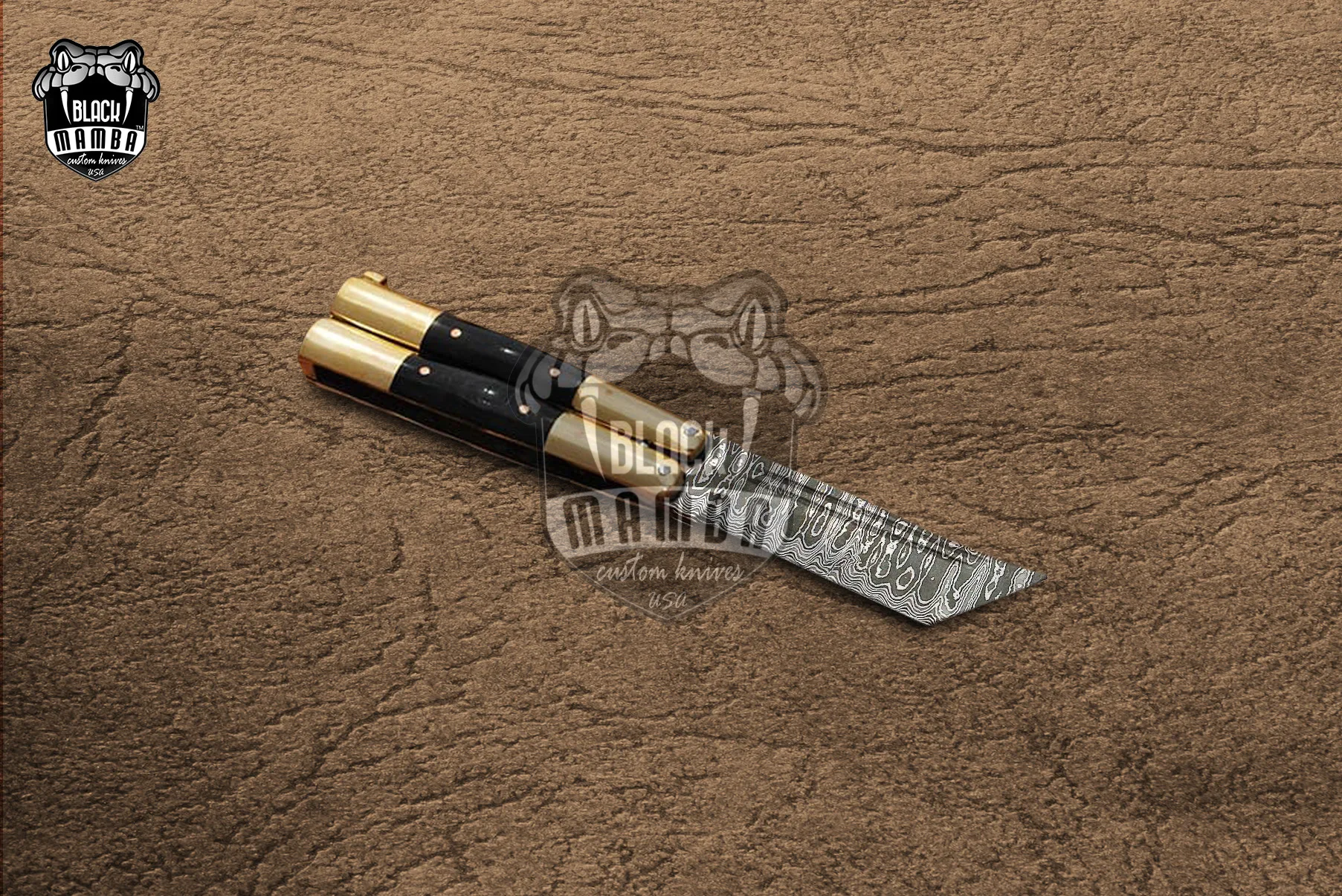 Damascus Balisong Butterfly Knife – Bull Horn, Brass Handle, 6.2″ Overall | DB-27 - view 3