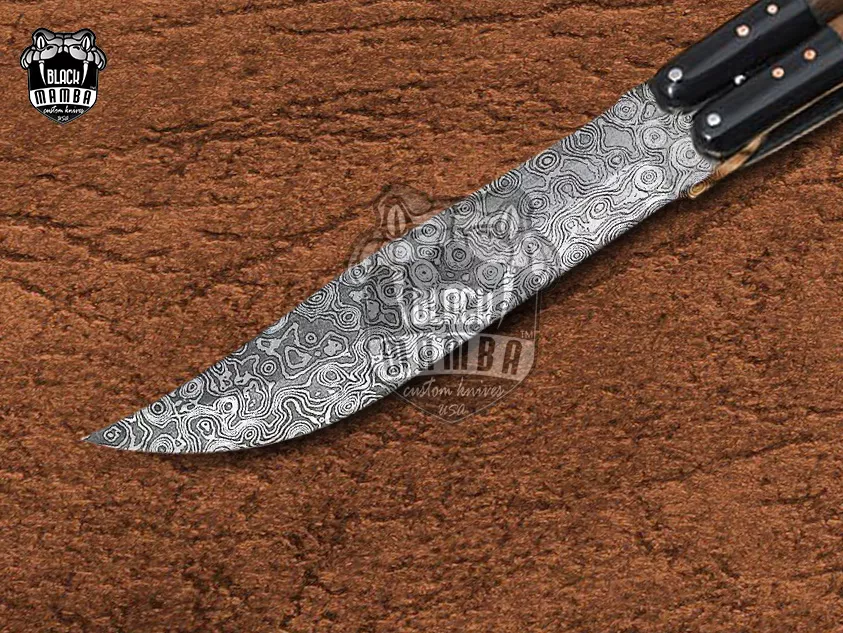 Damascus Balisong Butterfly Knife with Beautiful Handle Handmade Original Traditional Filipino Butterfly Batanga Knife Black Mamba Knives USA | DB-28 - view 4