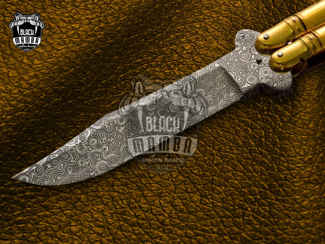Damascus Balisong Butterfly Knife – Handmade Brass Handle, 9.4″ Overall | DB-03 - view 5