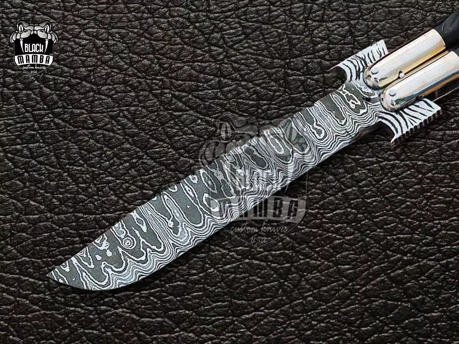 Damascus Balisong Butterfly Knife – Bull Horn, Brass Handle, 11.4″ Overall | DB-31 - view 4