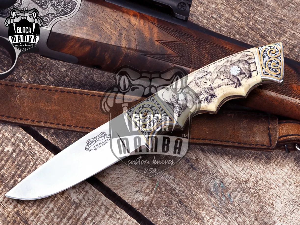 Grizzly Bear - Damascus Hunting Knife, 8″ Overall, Bone Handle - view 3