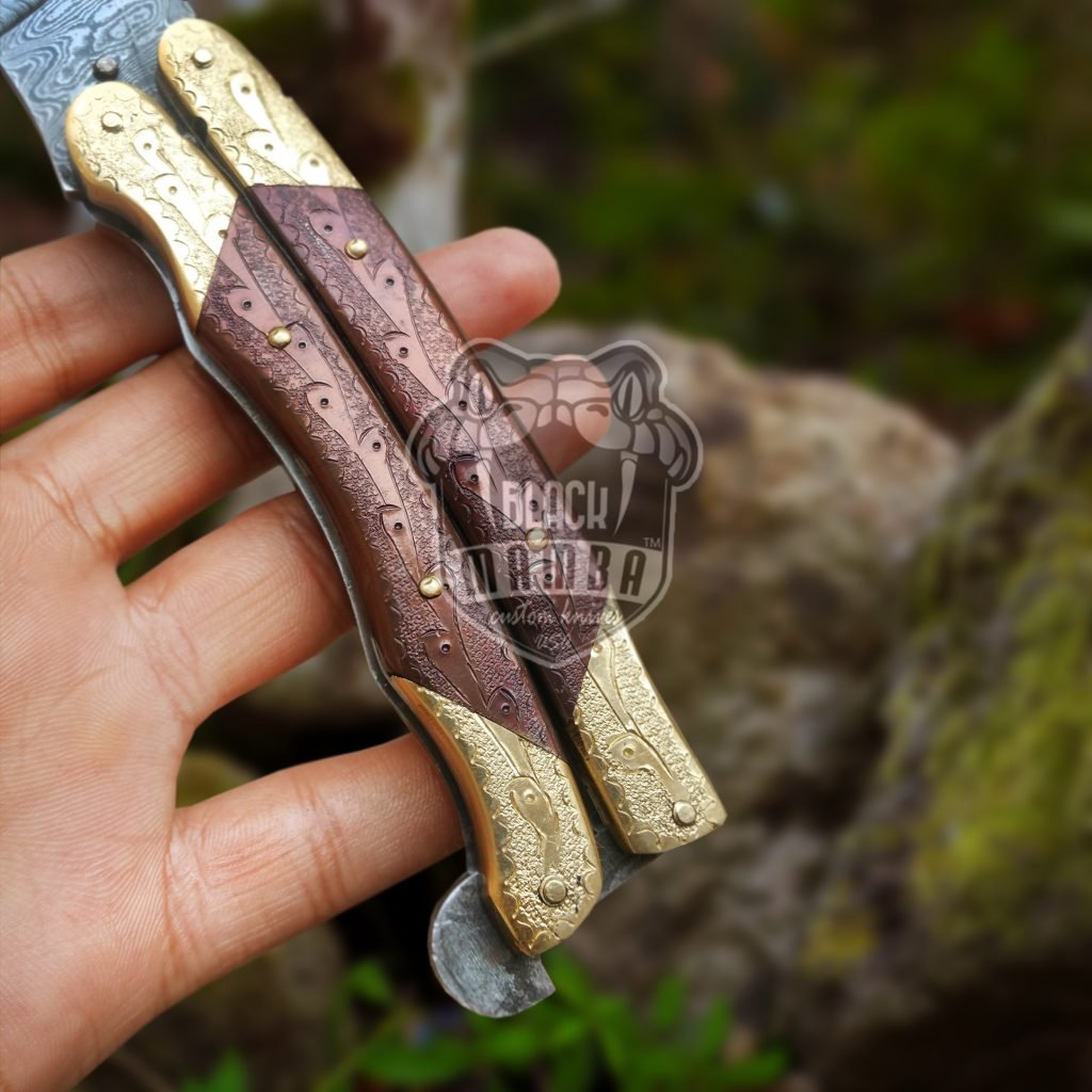 BMK-530 Damascus Balisong Butterfly Knife Beautiful Engraved Handle Original Traditional Filipino Butterfly Batanga Knife USA Made - Image 3