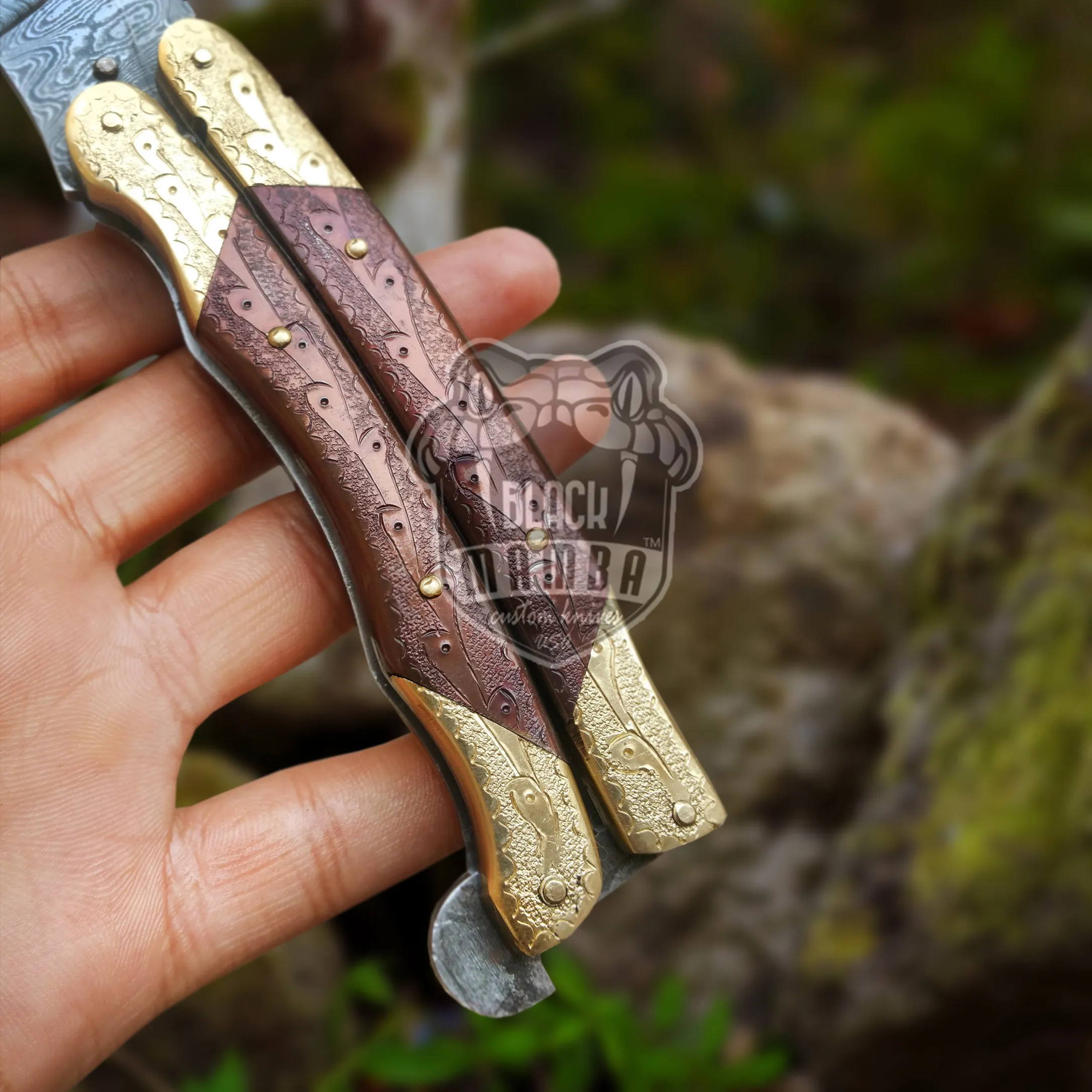 Damascus Balisong Butterfly Knife – Handmade Brass & Copper Handle, 7.5″ Overall | BMK-2001 - view 4