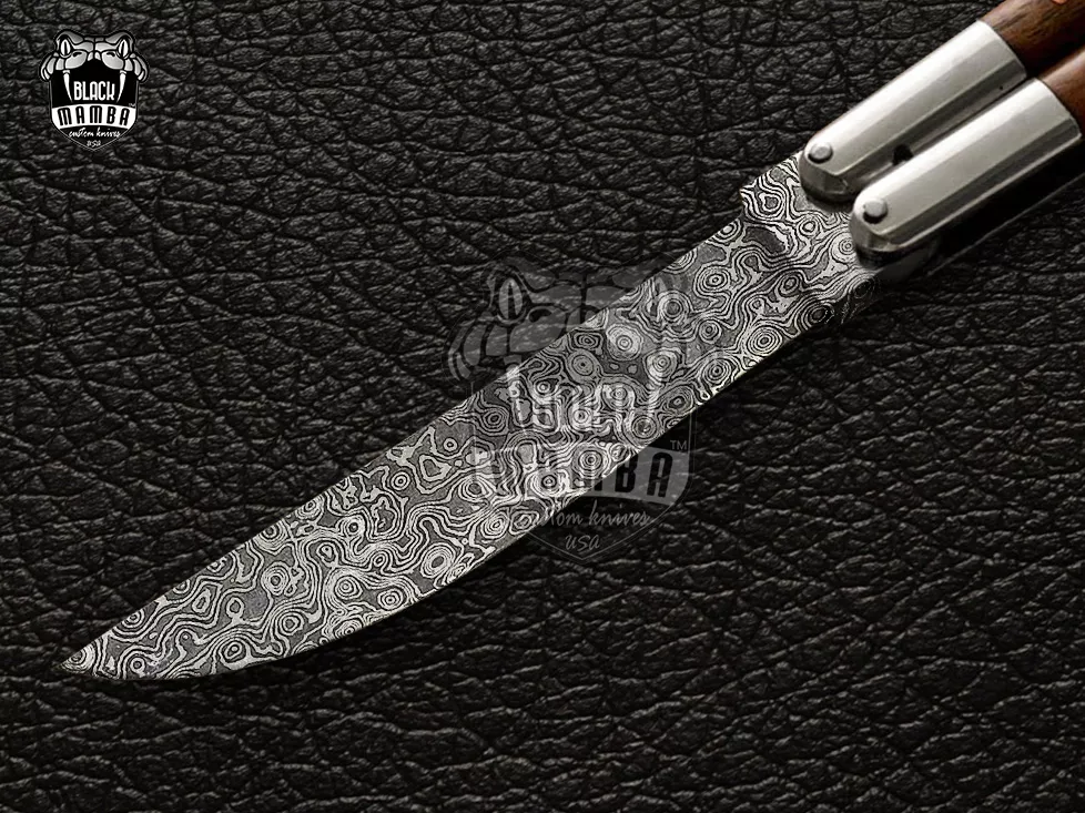 Damascus Balisong Butterfly Knife – Handmade Steel Bolster & Wood Handle, 9.4″ Overall | DB-04 - view 4