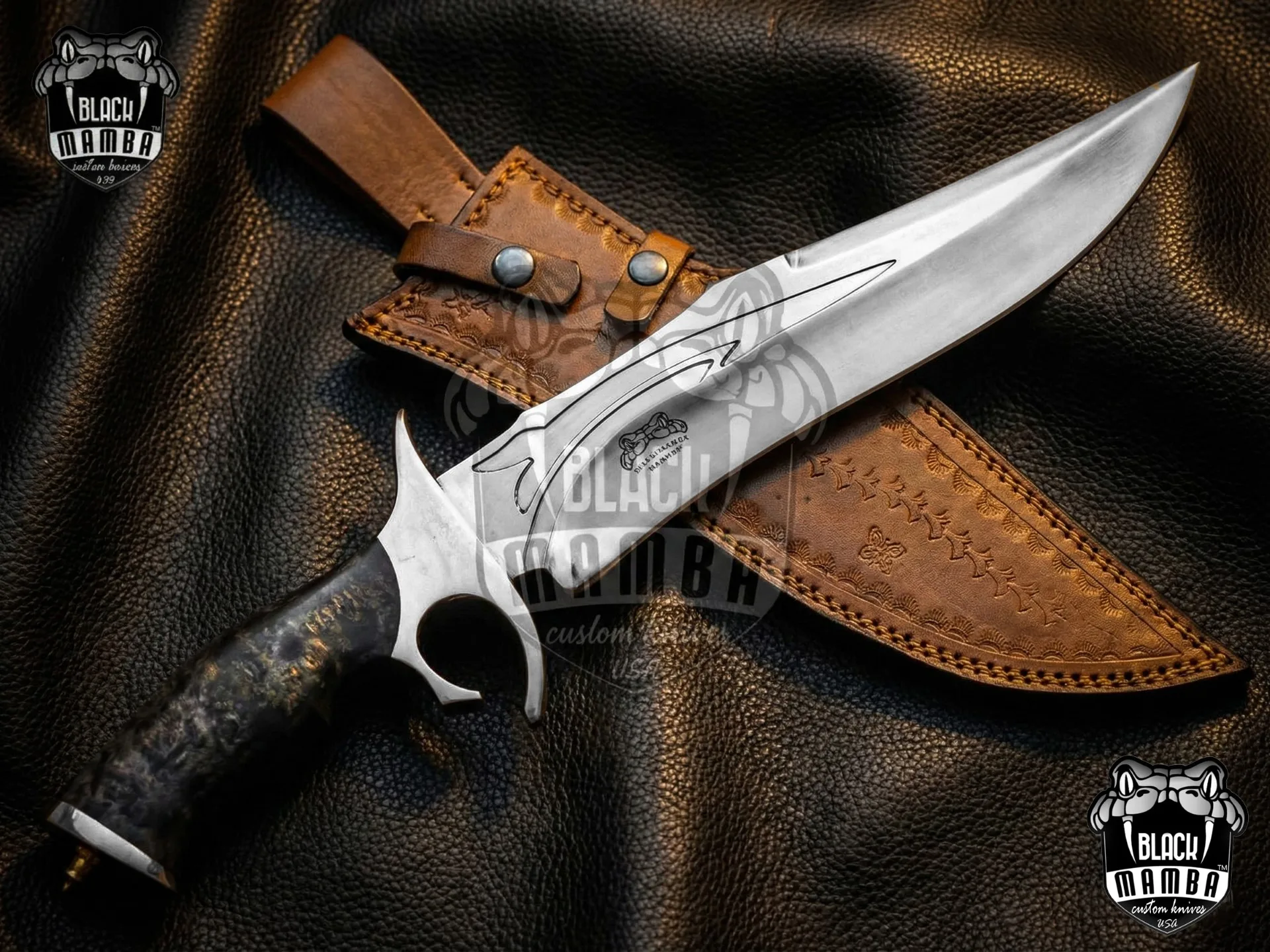 Black Viper - Damascus Bowie Knife, 19″ Overall, Wood Handle - view 3