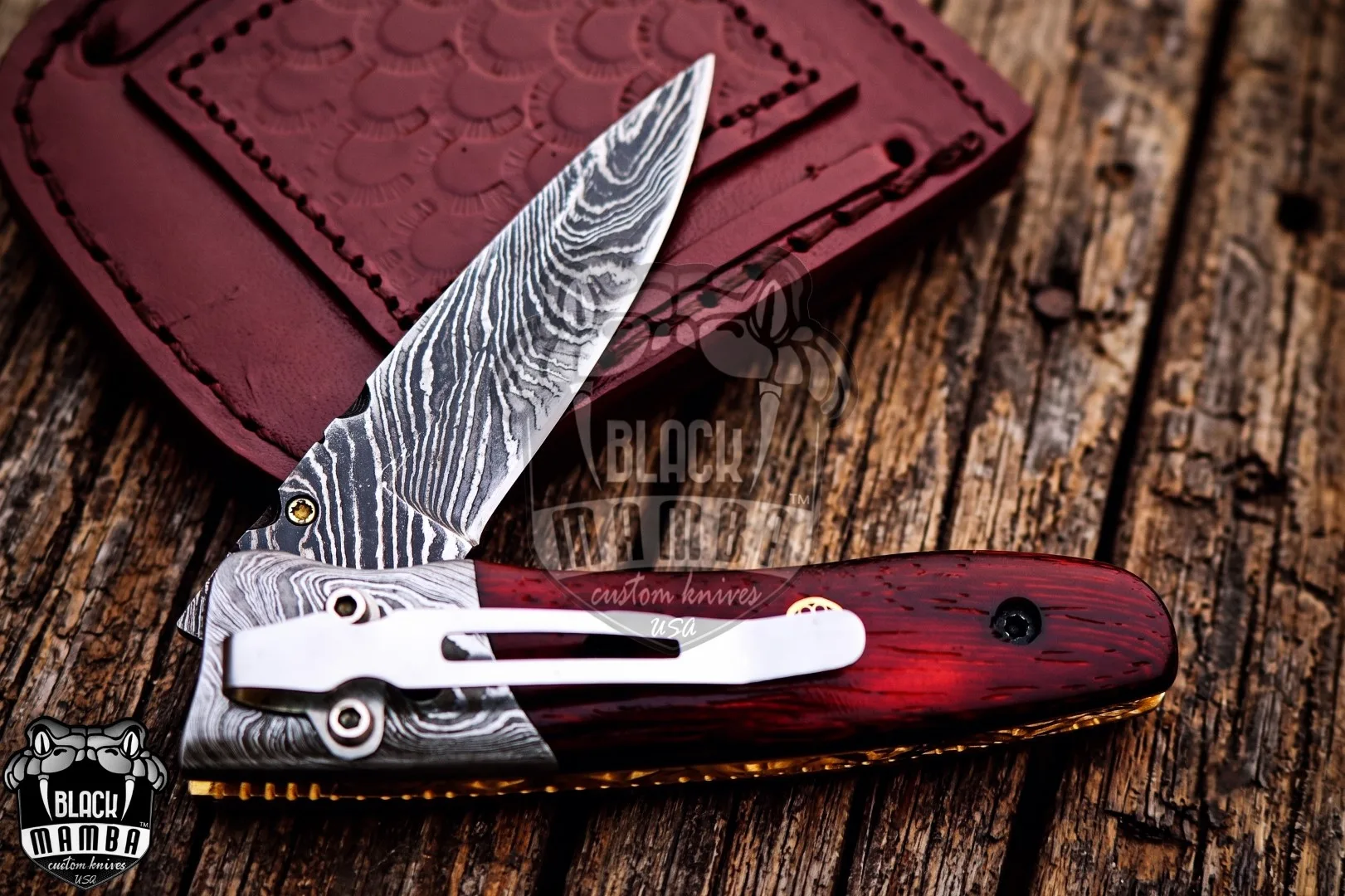 Laticauda - Damascus Folding Pocket Knife, 7″ Overall, Wood Handle - view 7