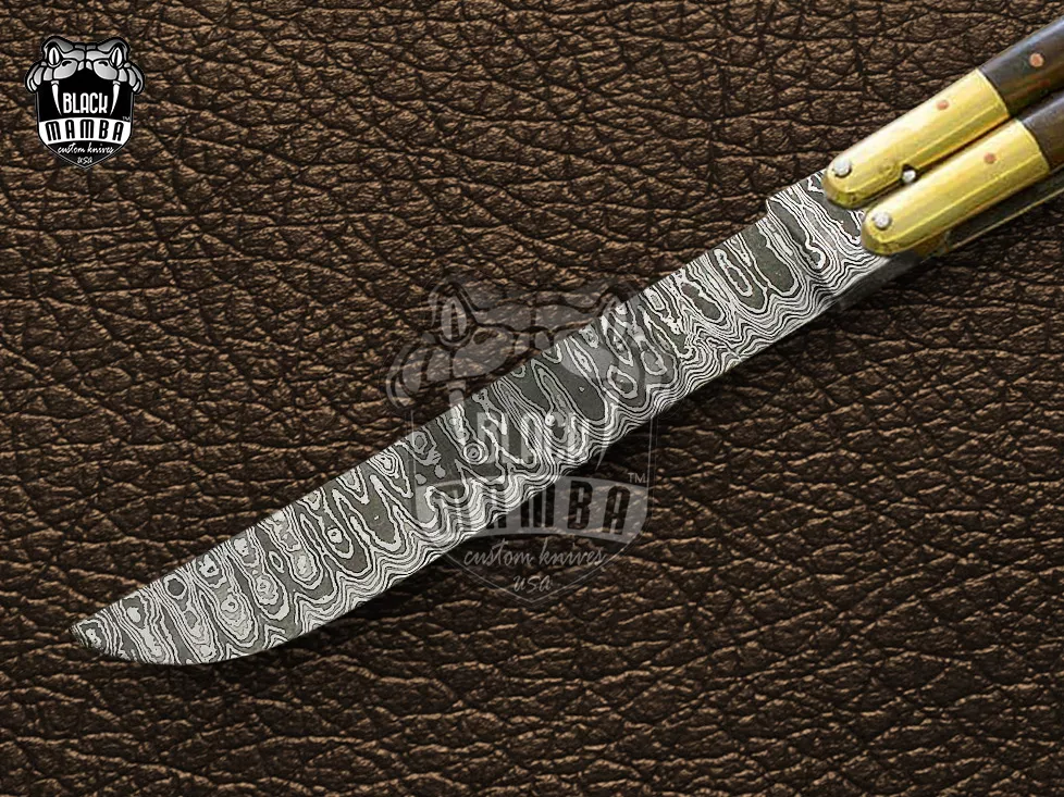 Damascus Balisong Butterfly Knife – Handmade Brass & Wood Handle, 11.4″ Overall | DB-05 - view 5