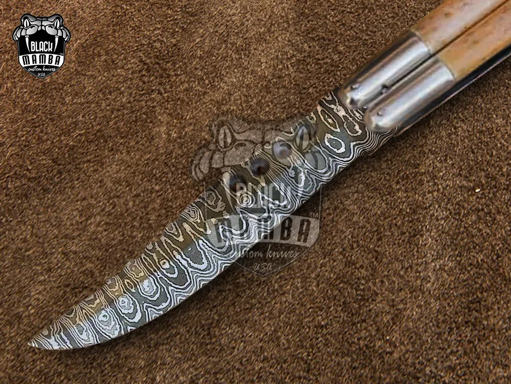 Damascus Filipino Balisong Butterfly Knife – Handmade Steel & Burned Bone Handle | DB-06 - view 3