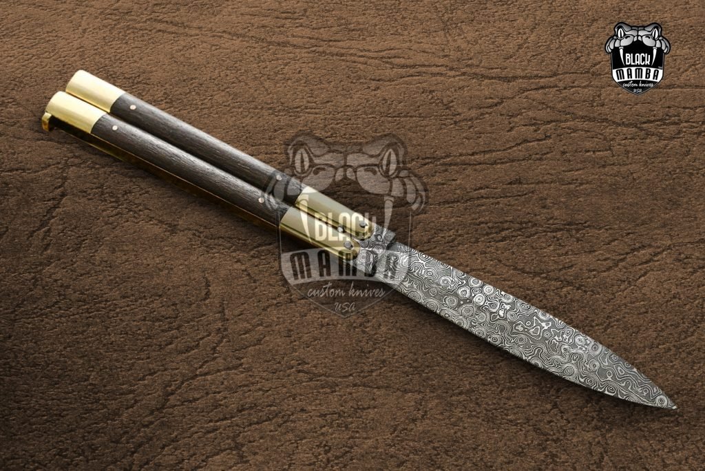 DB-07 Damascus Balisong Butterfly Knife Original Traditional Filipino Butterfly Batanga Knife with handmade steel and wooden handle raindrop pattern black mamaba knives - Image 3
