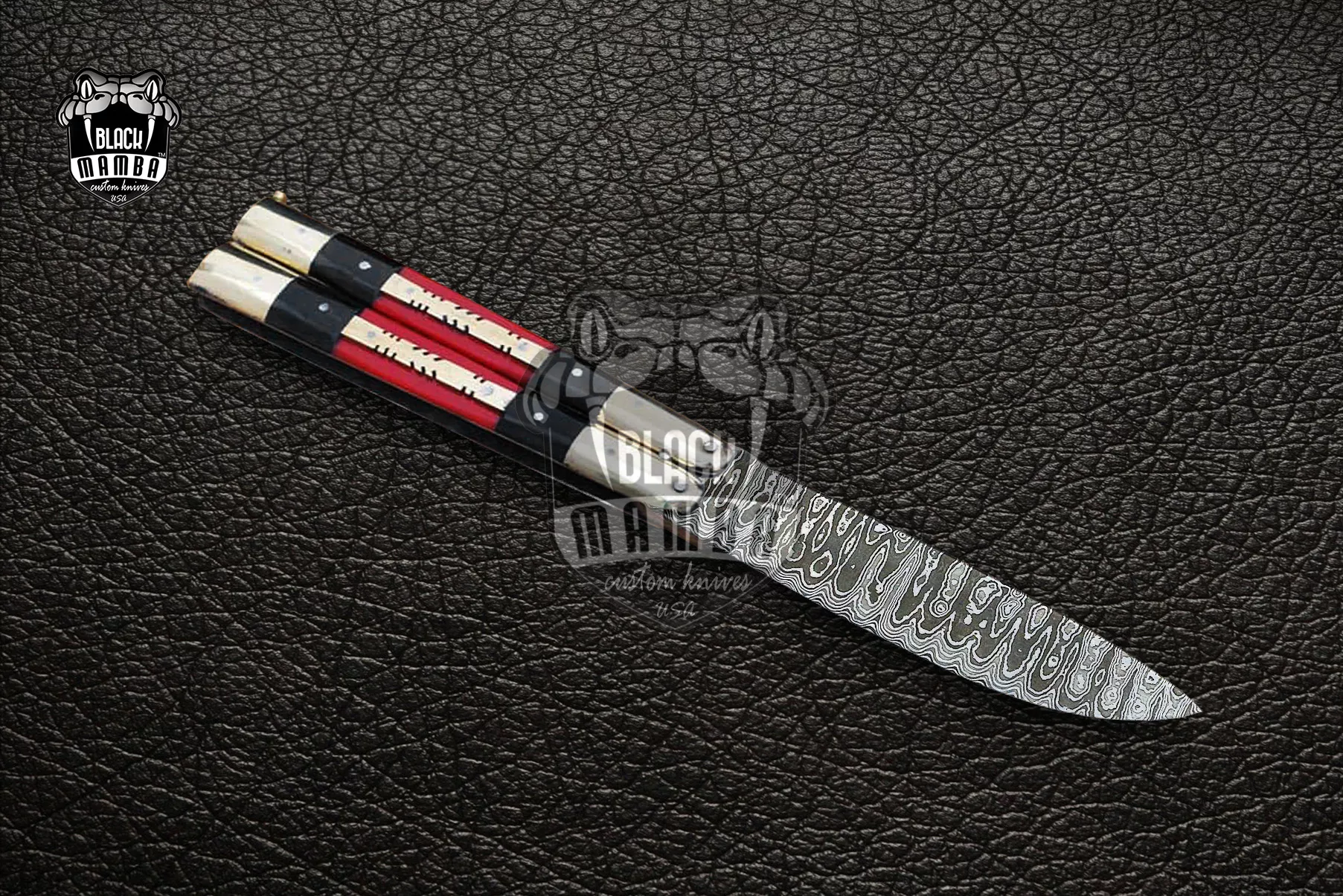 Damascus Balisong Butterfly Knife – Handmade Brass & Red Dragon Handle, 8.6″ Overall | DB-08 - view 3