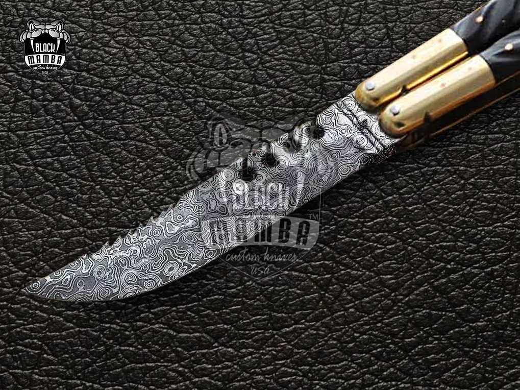Damascus Balisong Butterfly Knife – Handmade Brass & Horn Handle, 8.6″ Overall | DB-09 - view 5