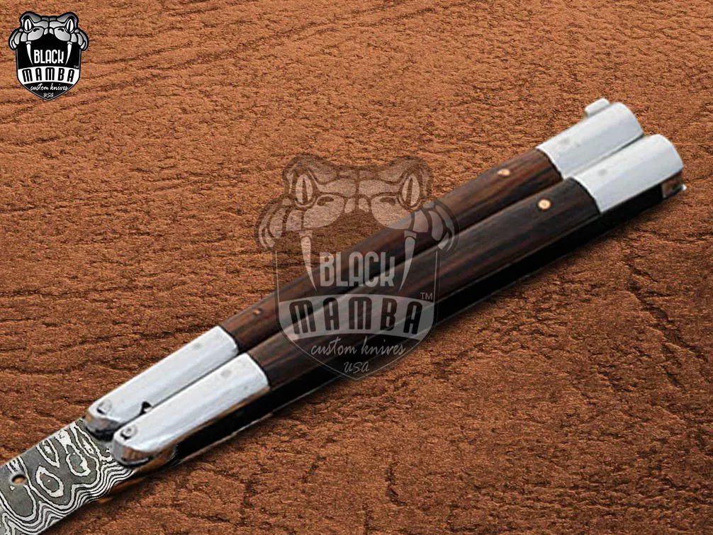 Damascus Balisong Butterfly Knife – Handmade Steel & Wood Handle, 11.4″ Overall | DB-11 - view 5