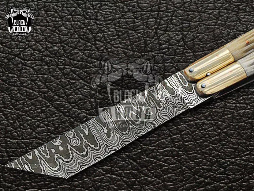 Damascus Balisong Butterfly Knife – Handmade Brass & Stag Handle, 6.2″ Overall | DB-13 - view 4