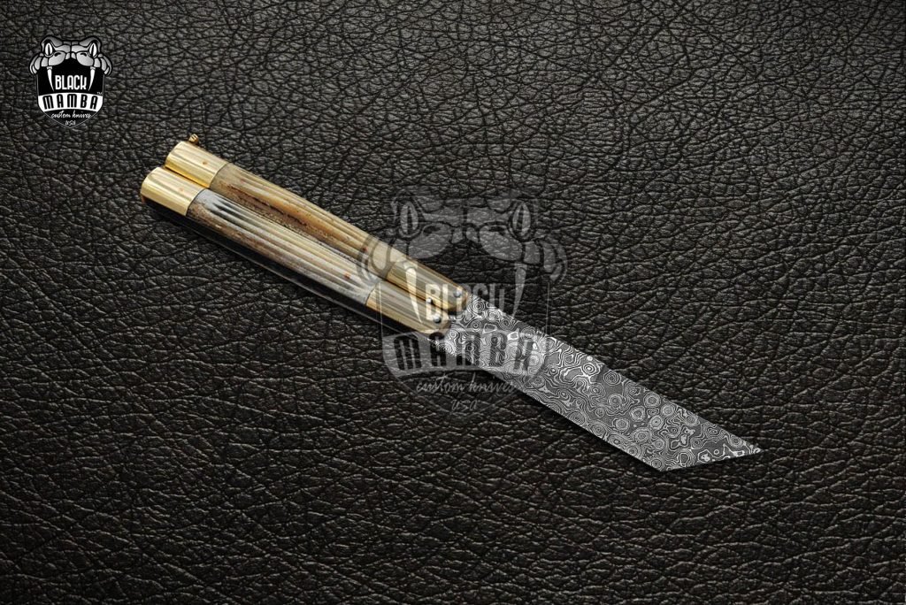 DB-14 Damascus Balisong Butterfly Knife Original Traditional Filipino Butterfly Batanga Knife raindrop pattern with handmade brass and stag antler handle black mamba knives USA - Image 3