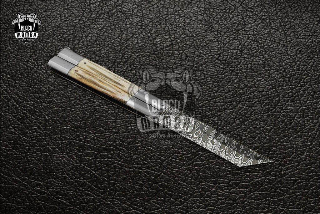 DB-15 Damascus Balisong Butterfly Knife Original Traditional Filipino Butterfly Batanga Knife ladder pattern with handmade Steel and stag handle black mamba knives USA - Image 2
