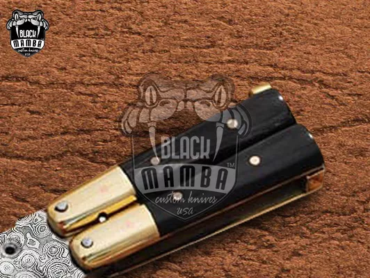 Damascus Balisong Butterfly Knife – Brass, Horn Handle | DB-18 - view 3
