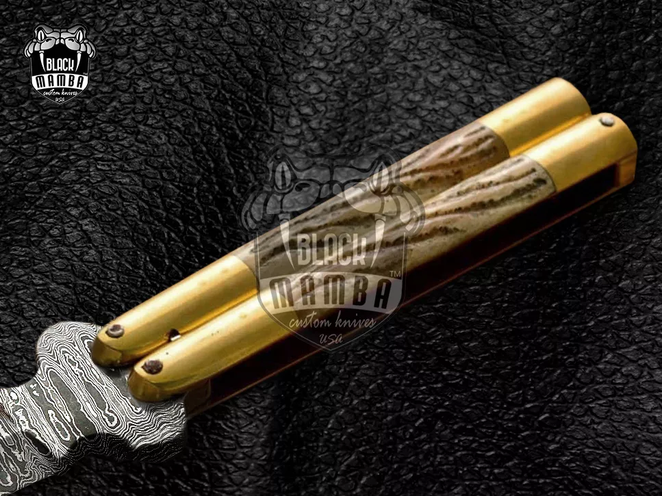 Damascus Balisong Butterfly Knife – Shiny Brass & Ram Horn Handle, 11.4″ Overall | DB-02 - view 3