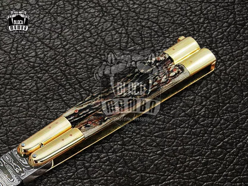 Damascus Filipino Balisong Butterfly Knife – Stag, Brass Handle | DB-21 - view 3
