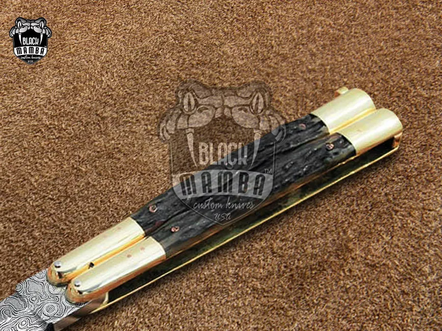 Damascus Filipino Balisong Butterfly Knife – Stag, Brass Handle, Raindrop Pattern Handmade | DB-22 - view 4