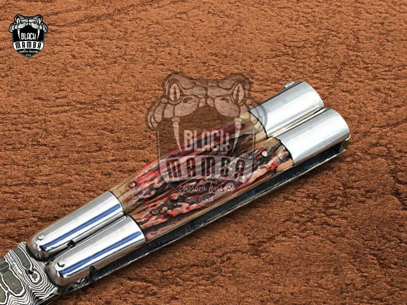 Damascus Balisong Butterfly Knife – Stag Handle | DB-23 - view 4