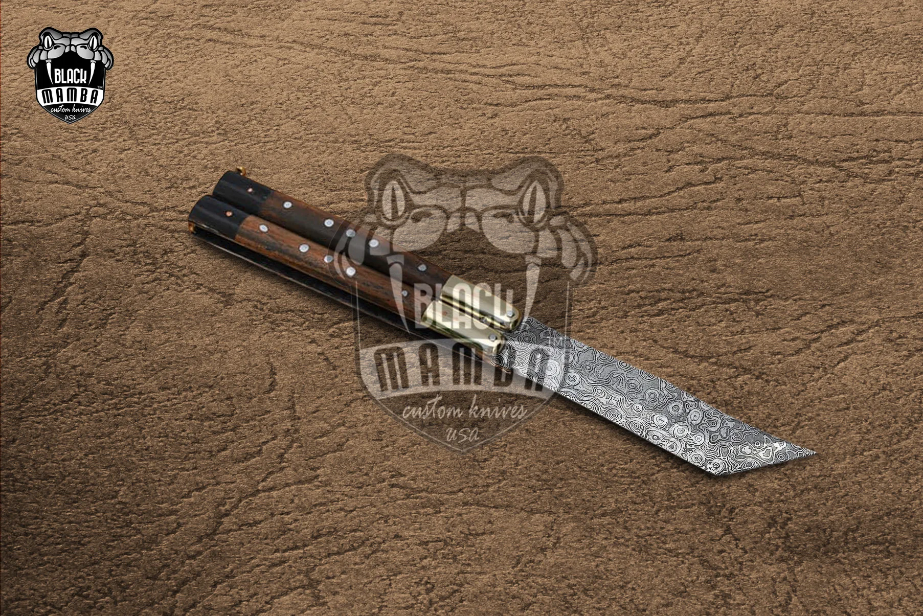 Damascus Balisong Butterfly Knife – Rose Wood, Brass Handle | DB-25 - view 3