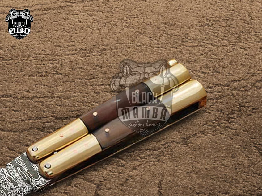 Damascus Balisong Butterfly Knife – Ram Horn, Brass Handle, 6.2″ Overall | DB-26 - view 3