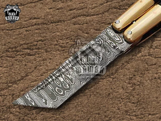 Damascus Balisong Butterfly Knife – Bull Horn, Brass Handle, 6.2″ Overall | DB-27 - view 4