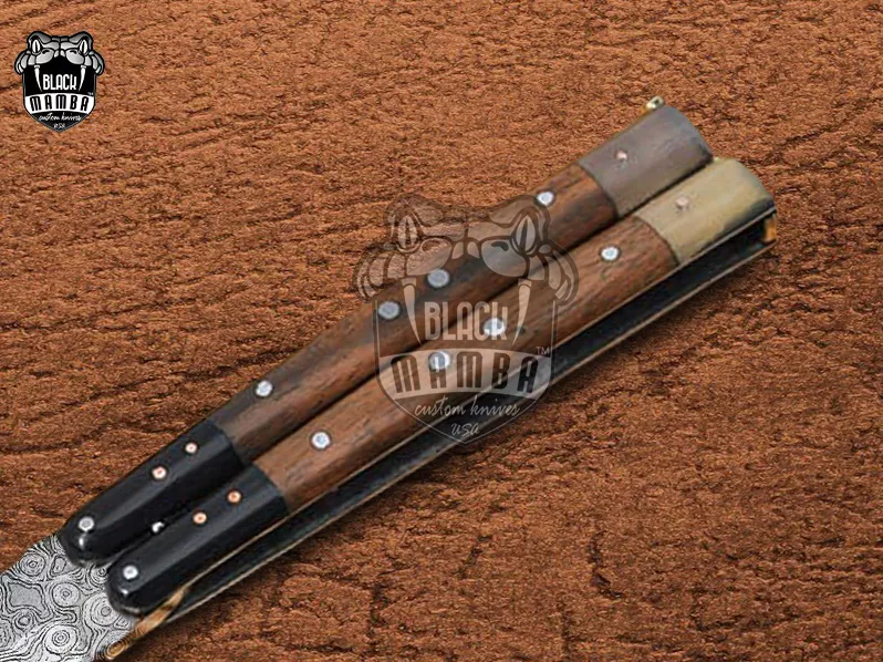 Damascus Balisong Butterfly Knife with Beautiful Handle Handmade Original Traditional Filipino Butterfly Batanga Knife Black Mamba Knives USA | DB-28 - view 3