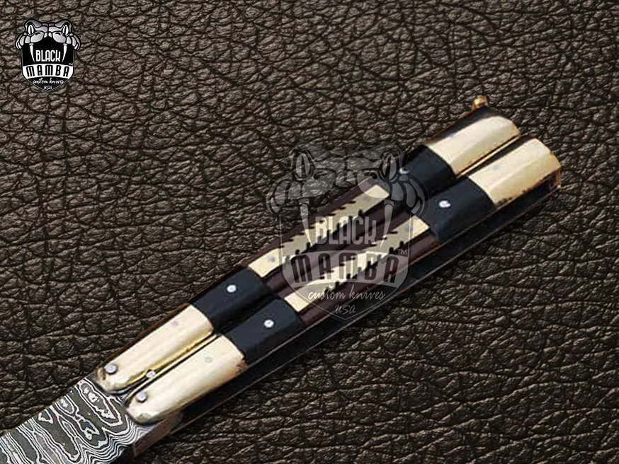 Damascus Balisong Butterfly Knife – Beautiful Brass Handle, 9.4″ Overall | DB-30 - view 4