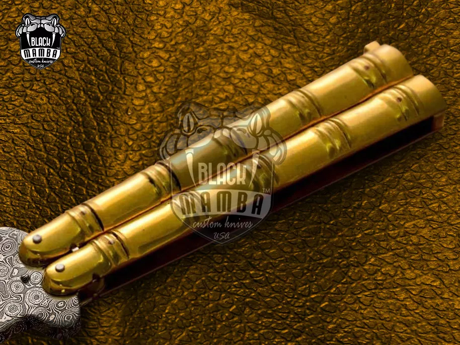 Damascus Balisong Butterfly Knife – Handmade Brass Handle, 9.4″ Overall | DB-03 - view 4
