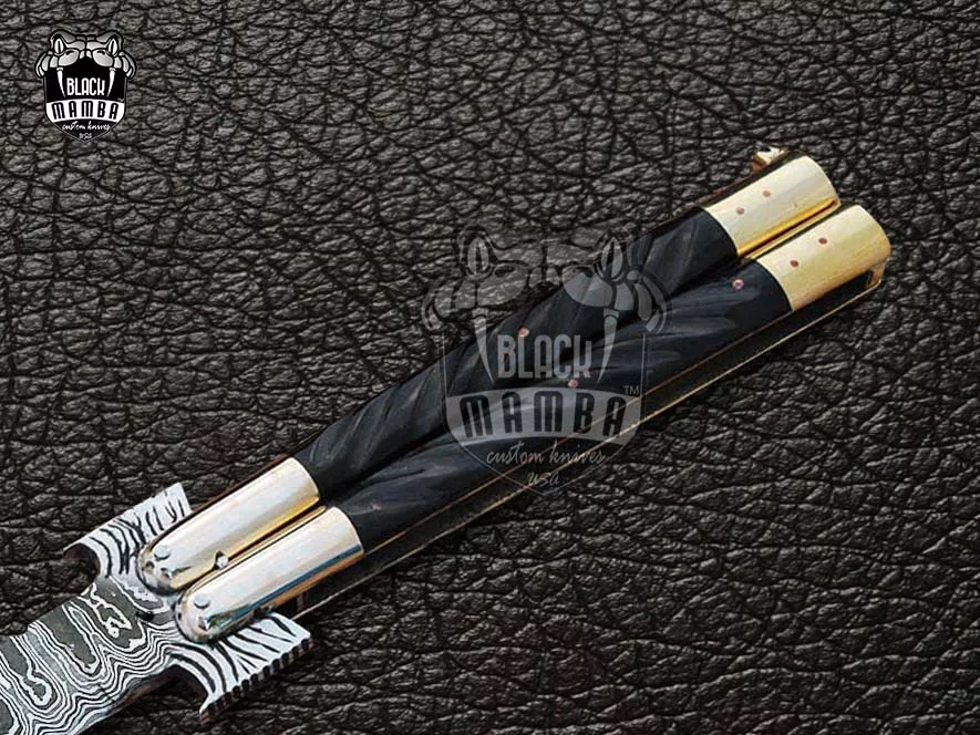 Damascus Balisong Butterfly Knife – Bull Horn, Brass Handle, 11.4″ Overall | DB-31 - view 3