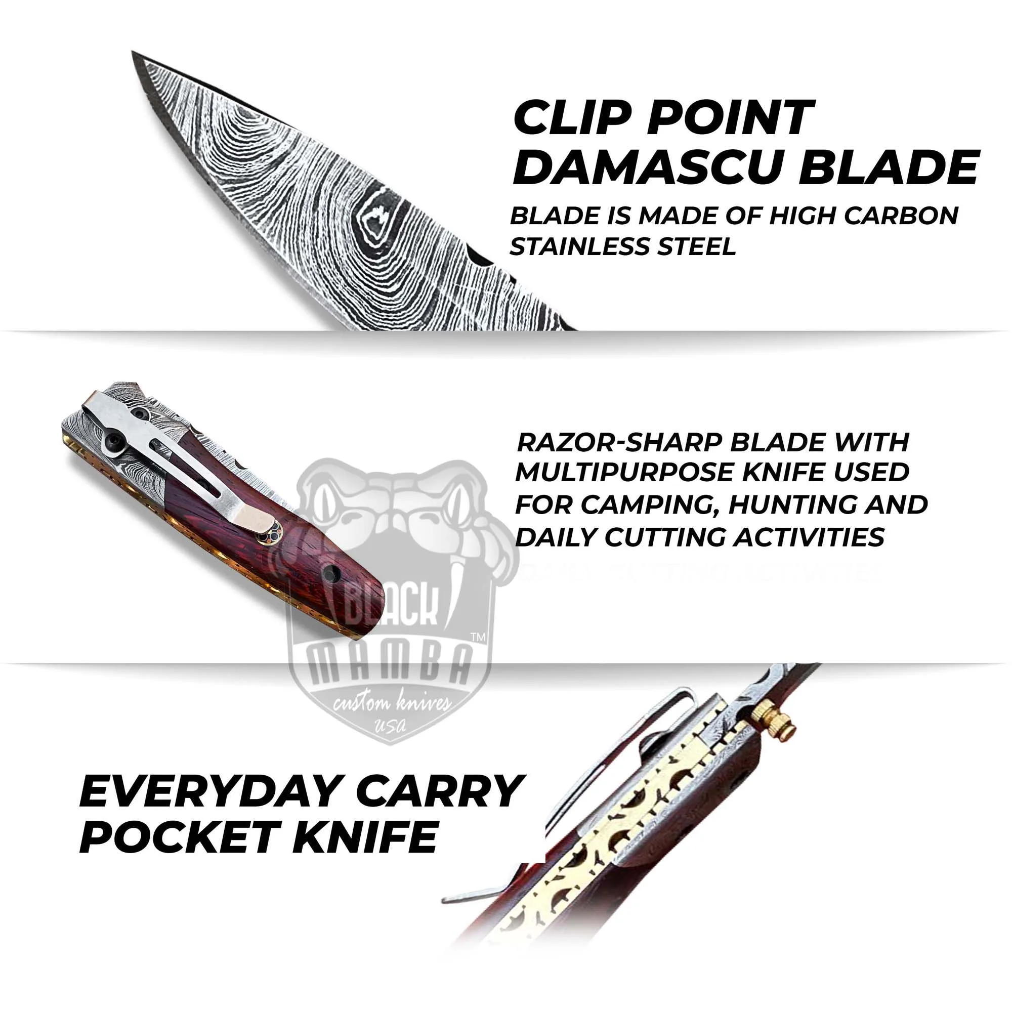 Laticauda - Damascus Folding Pocket Knife, 7″ Overall, Wood Handle - view 3