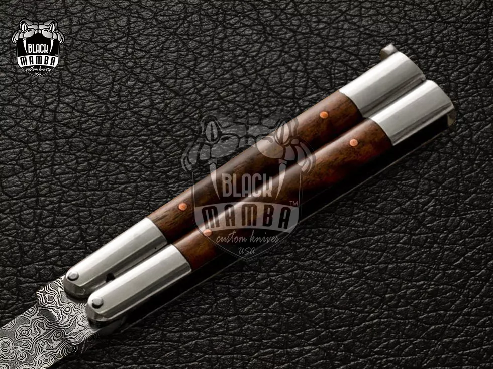Damascus Balisong Butterfly Knife – Handmade Steel Bolster & Wood Handle, 9.4″ Overall | DB-04 - view 5