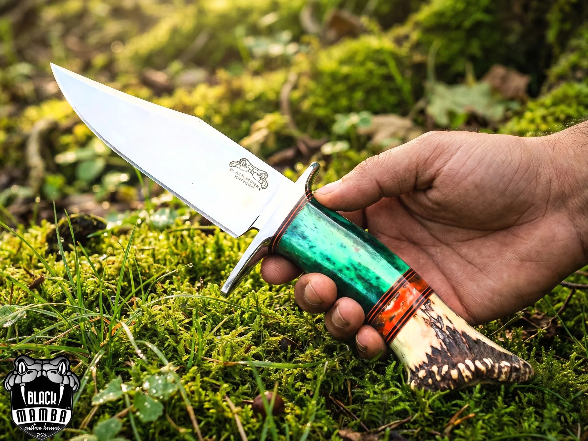 Green Lizard - Damascus Hunting Knife, 11.54″ Overall, Stag Handle - view 6