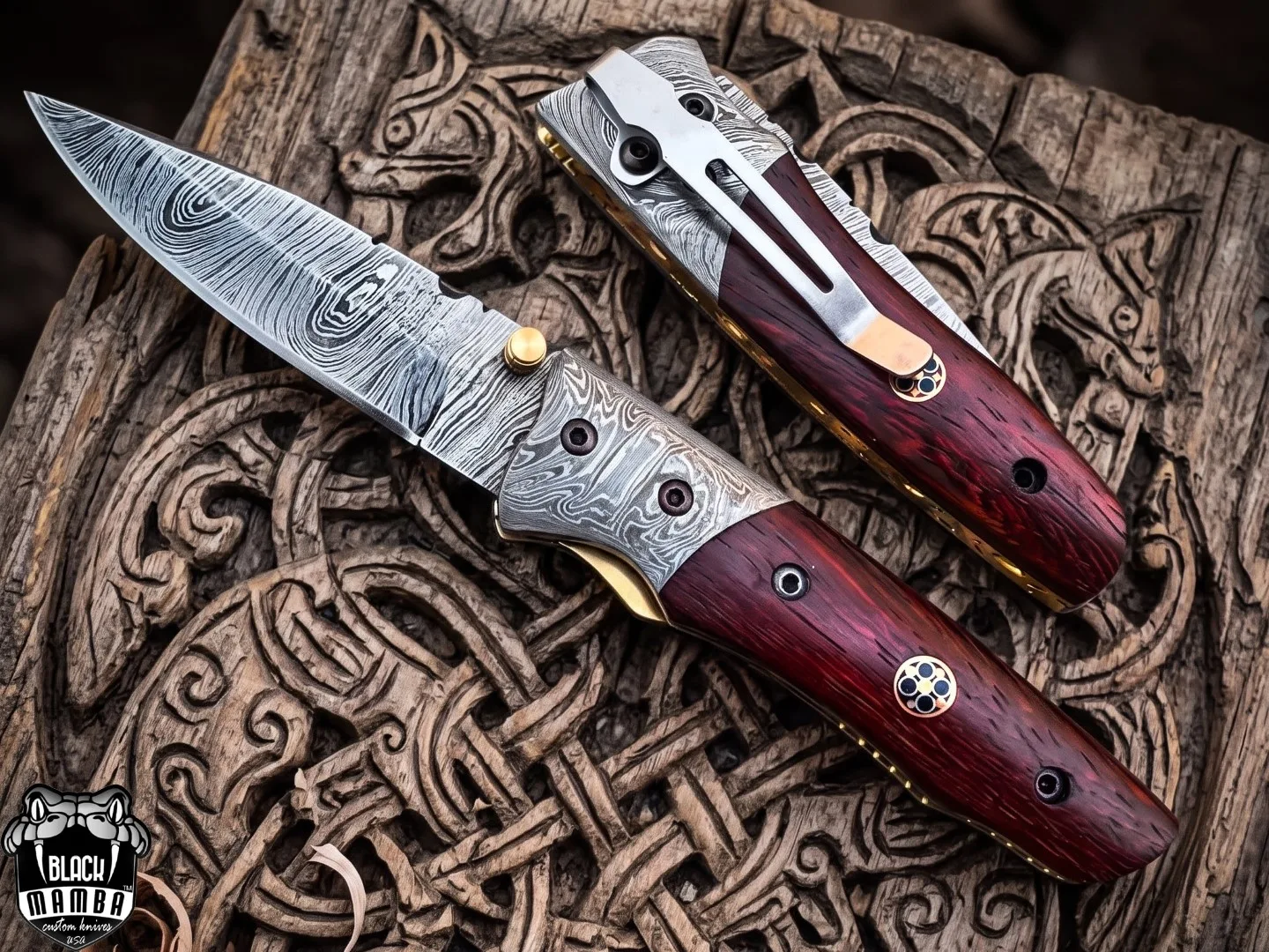 Laticauda - Damascus Folding Pocket Knife, 7″ Overall, Wood Handle - view 8