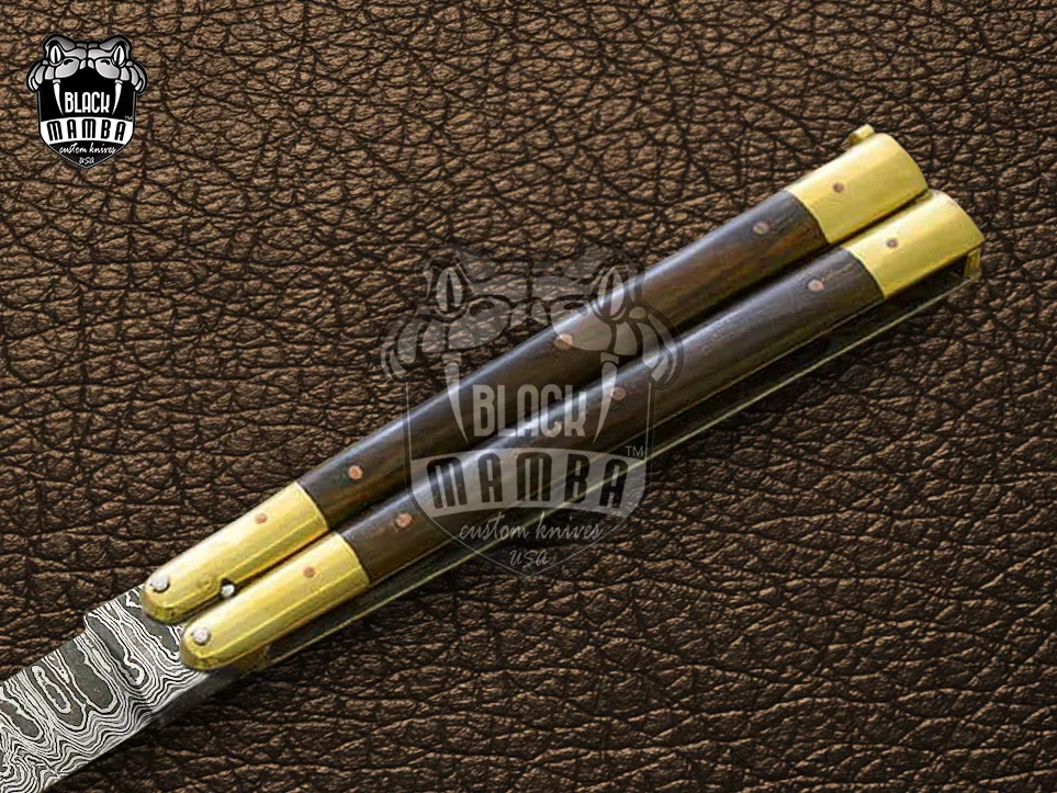 Damascus Balisong Butterfly Knife – Handmade Brass & Wood Handle, 11.4″ Overall | DB-05 - view 4