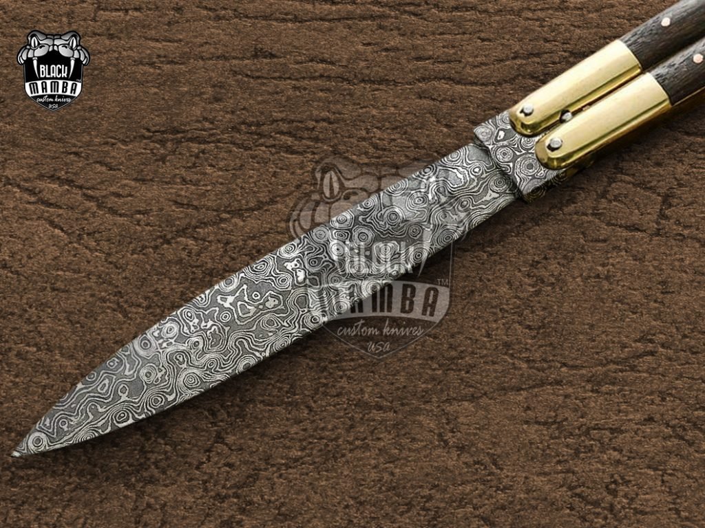 DB-07 Damascus Balisong Butterfly Knife Original Traditional Filipino Butterfly Batanga Knife with handmade steel and wooden handle raindrop pattern black mamaba knives - Image 4