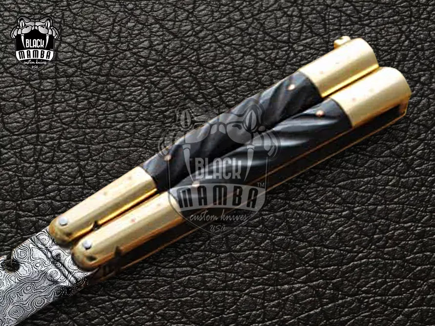 Damascus Balisong Butterfly Knife – Handmade Brass & Horn Handle, 8.6″ Overall | DB-09 - view 4