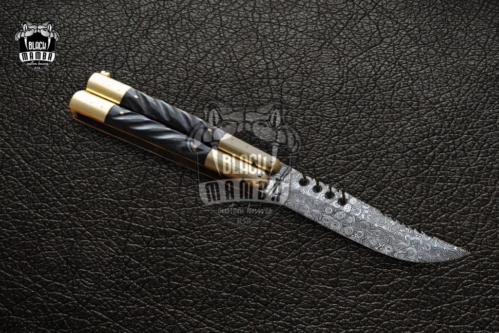 DB-09 Damascus Balisong Butterfly Knife Original Traditional Filipino Butterfly Batanga Knife with handmade brass and Horn handle black mamba knives USA - Image 2
