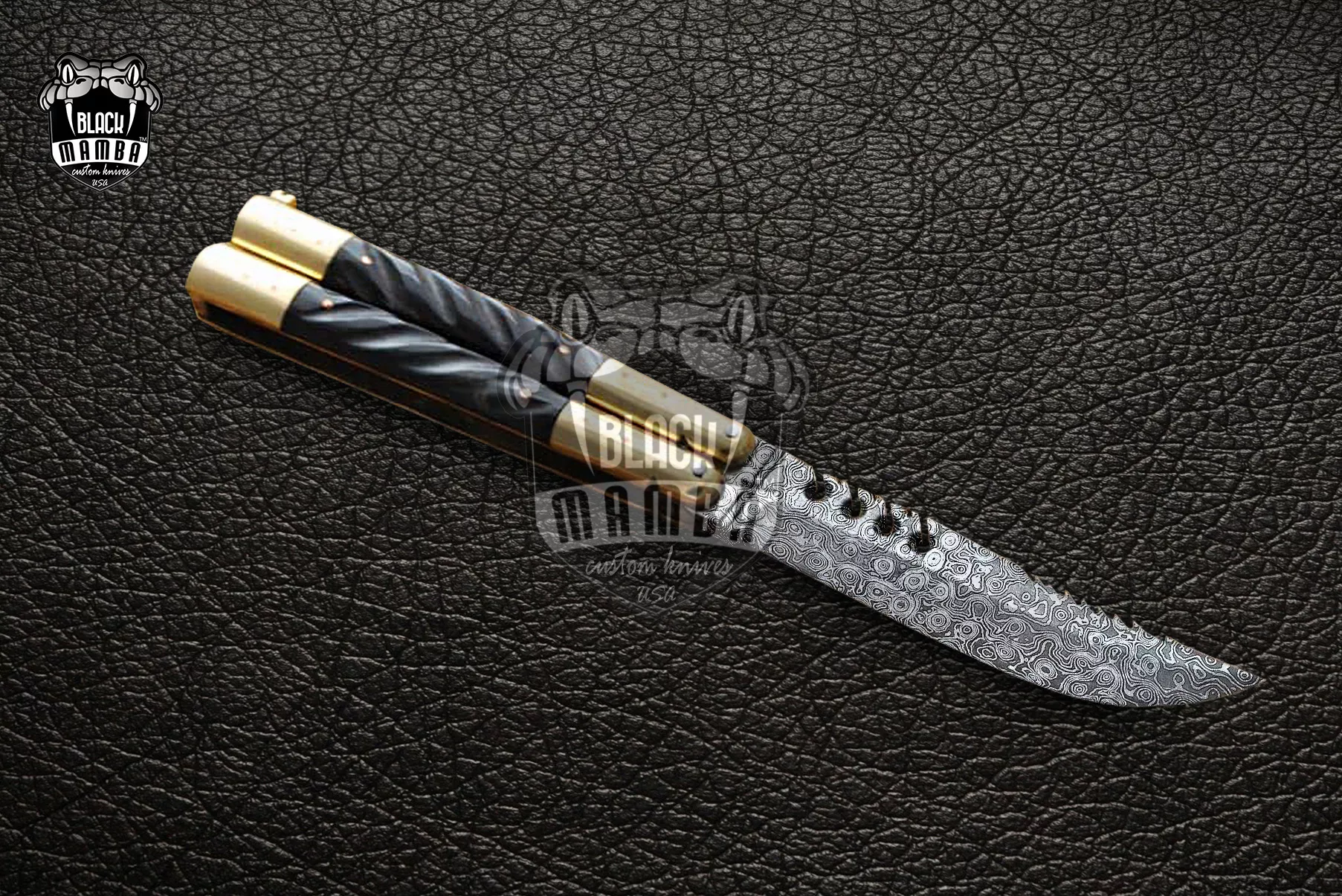 Damascus Balisong Butterfly Knife – Handmade Brass & Horn Handle, 8.6″ Overall | DB-09 - view 3