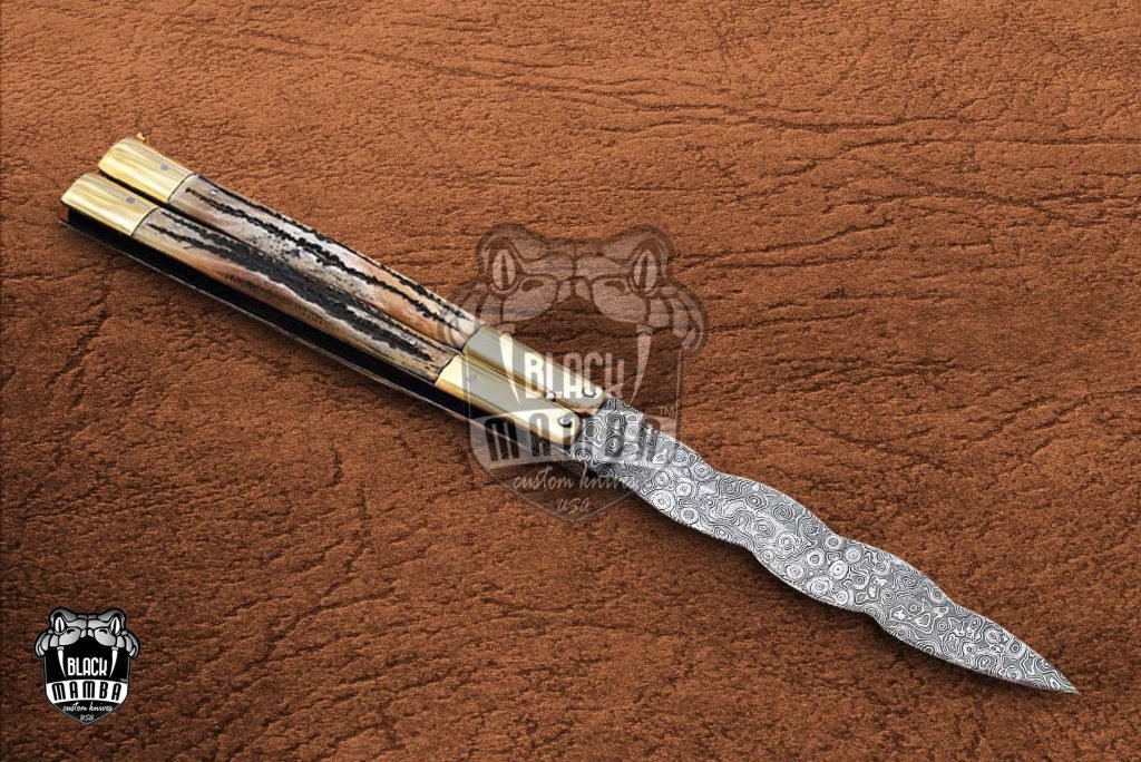 DB-10 Damascus Balisong Butterfly Knife Original Traditional Filipino Butterfly Batanga Knife with handmade brass and stag antler handle black mamba knives USA - Image 2
