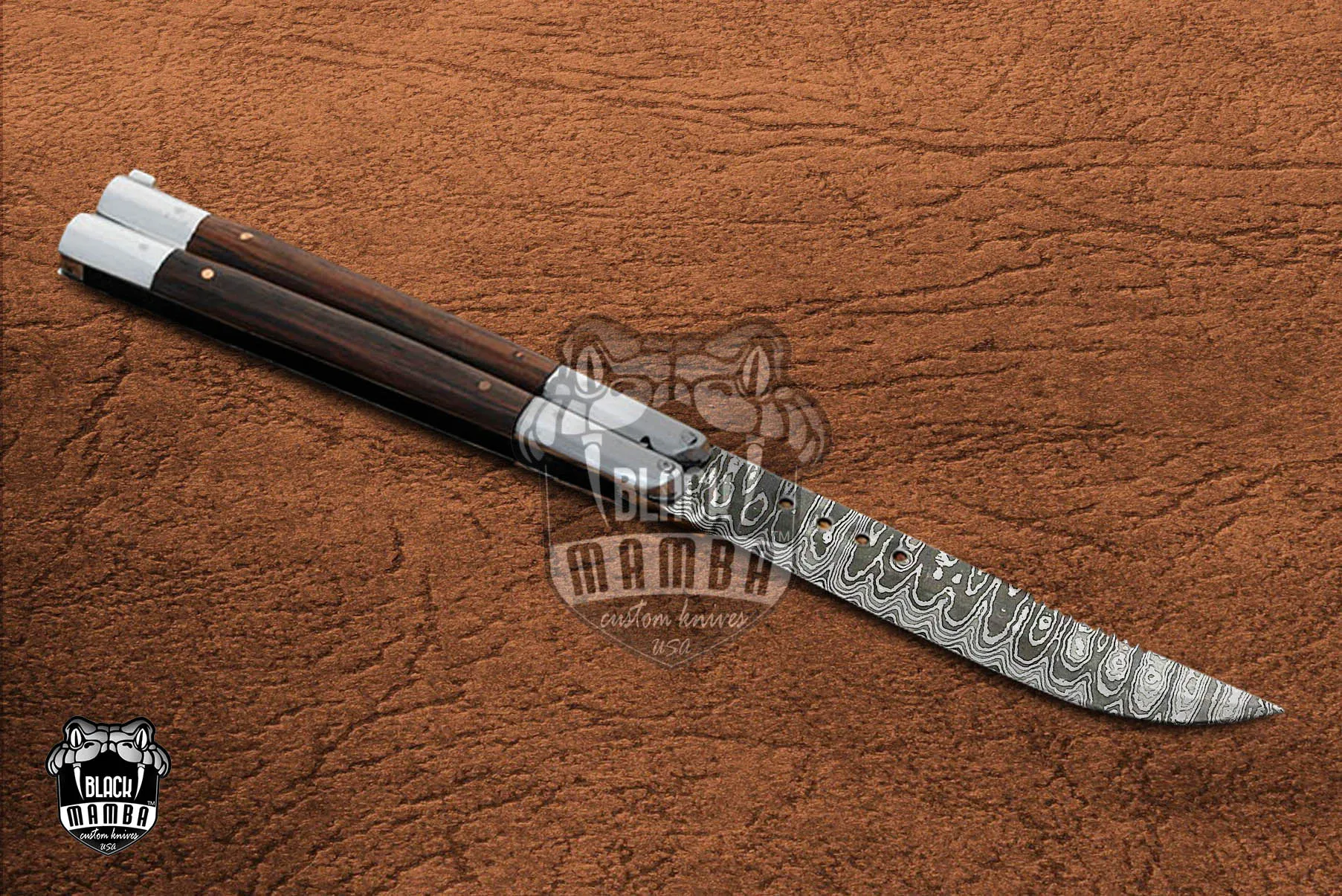 Damascus Balisong Butterfly Knife Original Traditional Filipino Butterfly Batanga Knife with Handmade Steel and Wooden Handle Black Mamba Knives USA | DB-11 - view 3