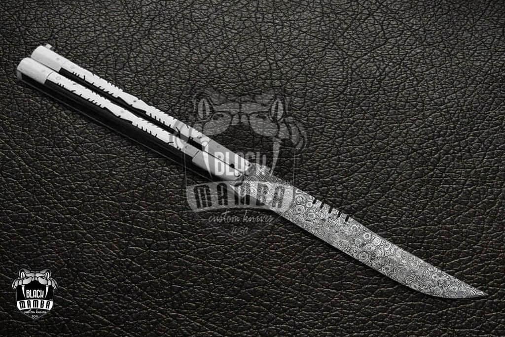 DB-12 Damascus Balisong Butterfly Knife Original Traditional Filipino Butterfly Batanga Knife with handmade steel and raidrop handle black mamba knives USA - Image 2