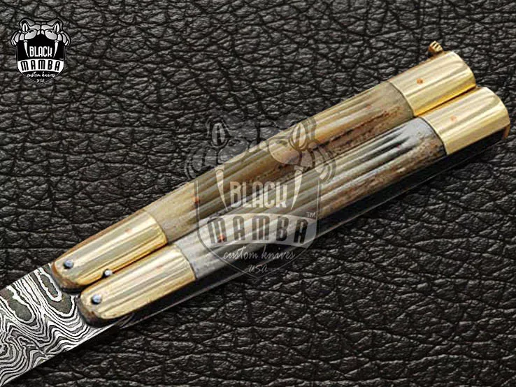 Damascus Balisong Butterfly Knife – Handmade Brass & Stag Handle, 6.2″ Overall | DB-13 - view 5