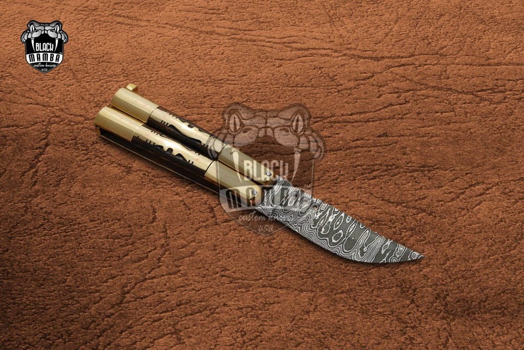 DB-16 Damascus Balisong Butterfly Knife Original Traditional Filipino Butterfly Batanga Knife with handmade brass and wooden handle black mamba knives USA - Image 2